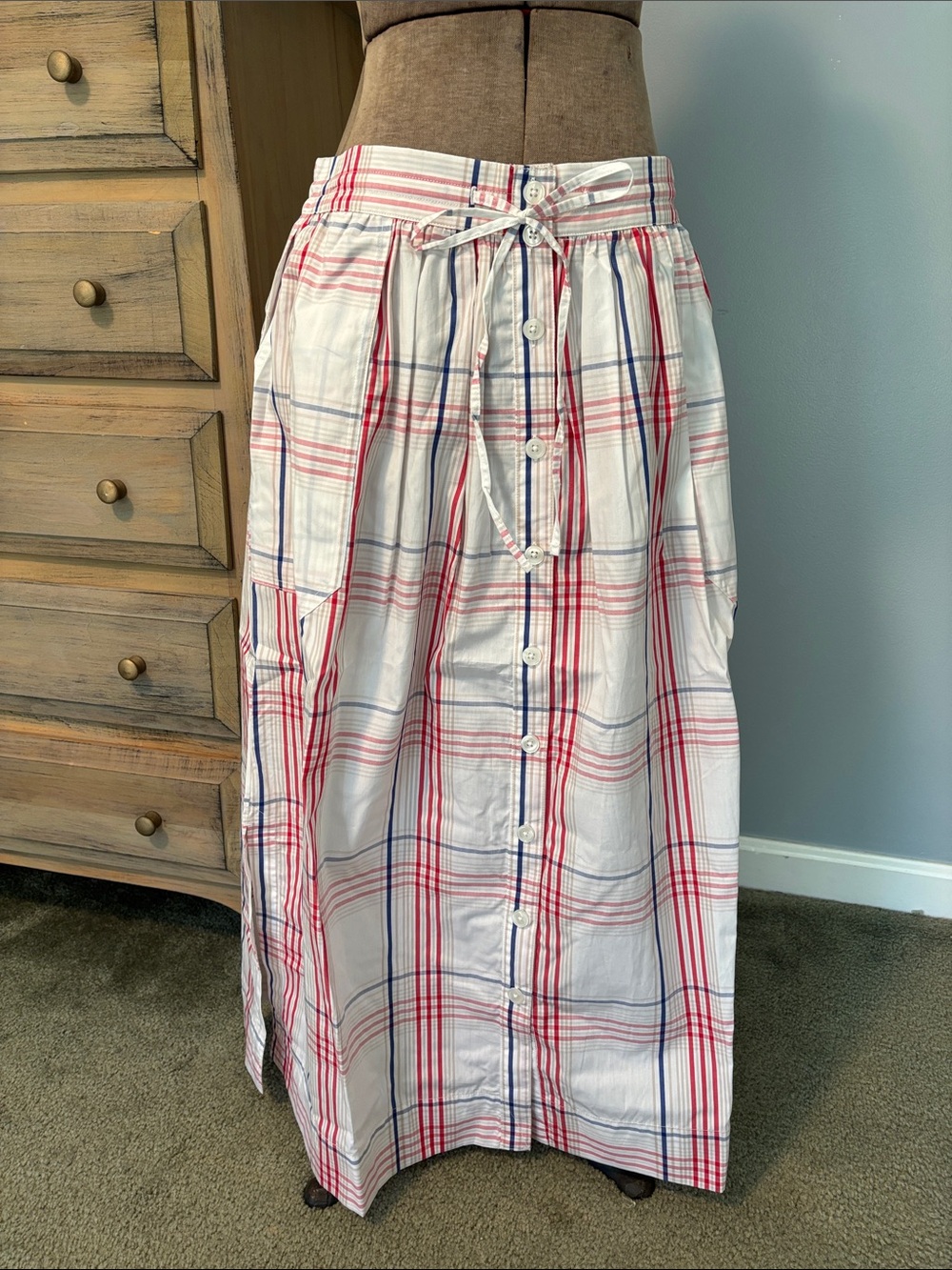 Maxi Button-Front Plaid Skirt in White, Red & Blue
